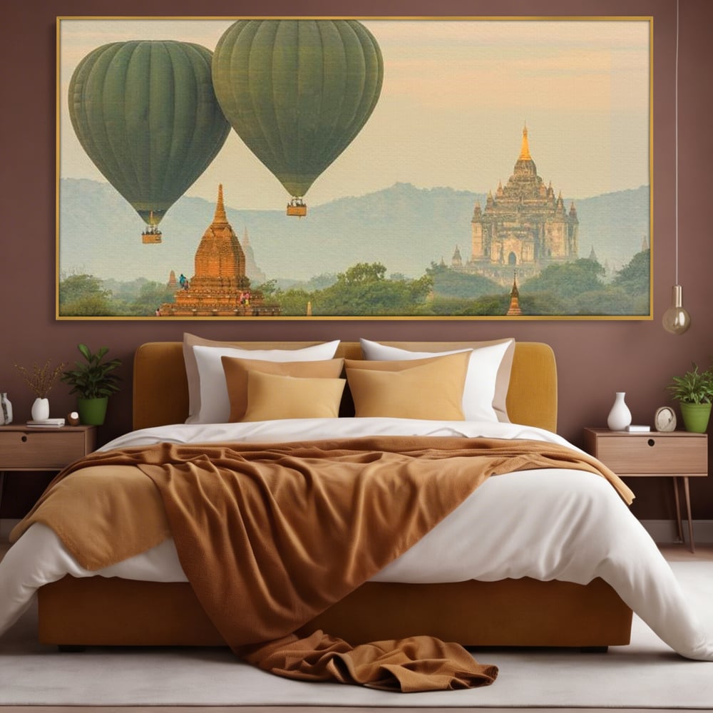 Tablou canvas cu tablou canvas cu peisaj din myanmar, in rama de aluminiu auriu, pe perete intr-un dormitor